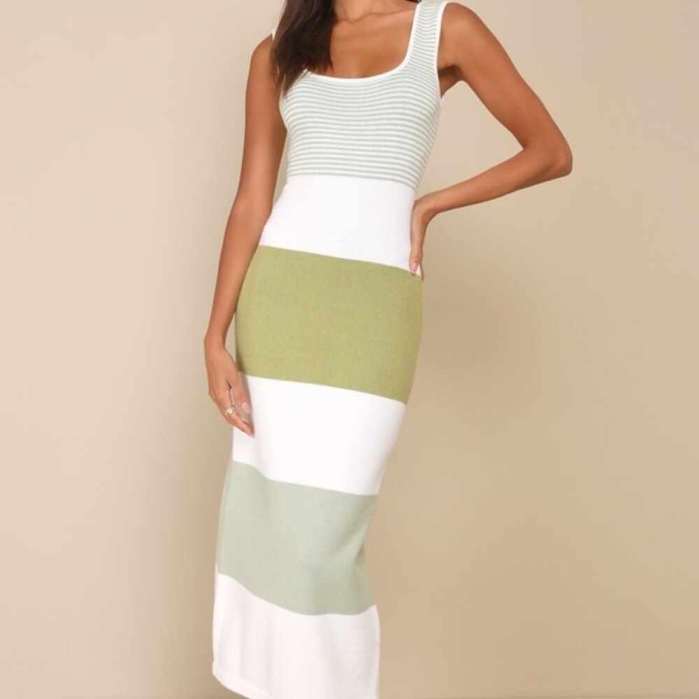 Lulus Easily Gorgeous Ivory And Sage Green Striped Midi Sweater Dress White